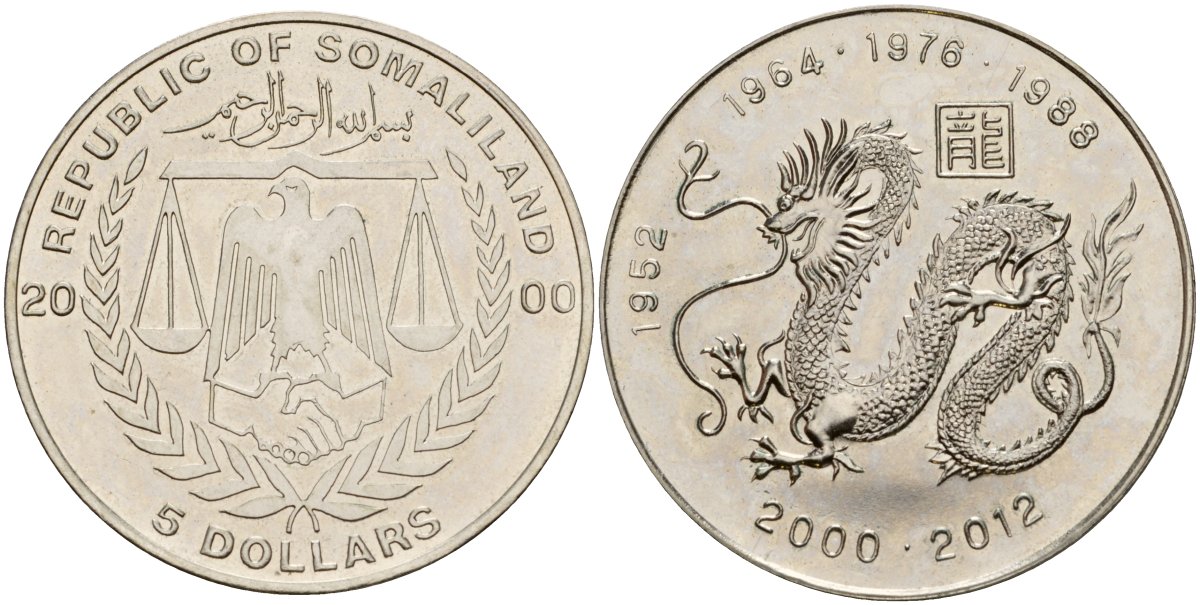 Сомалиленд 5 долларов 2000 год дракона X 4 сталь плакированная никелем UNC 4125-821