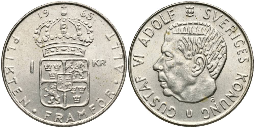 Швеция 1 крона 1965 U, Густав VI Адольф (1950-1973) KM 826 серебро 27-1026