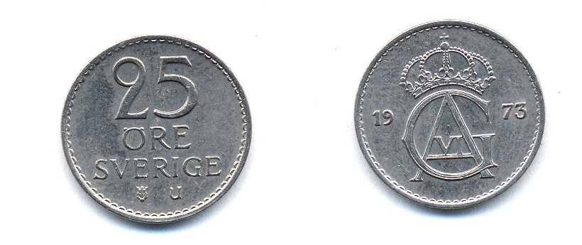 Швеция 25 эре 1973 U, Густав VI Адольф (1950-1973) KM 836 медно-никель 51-5235