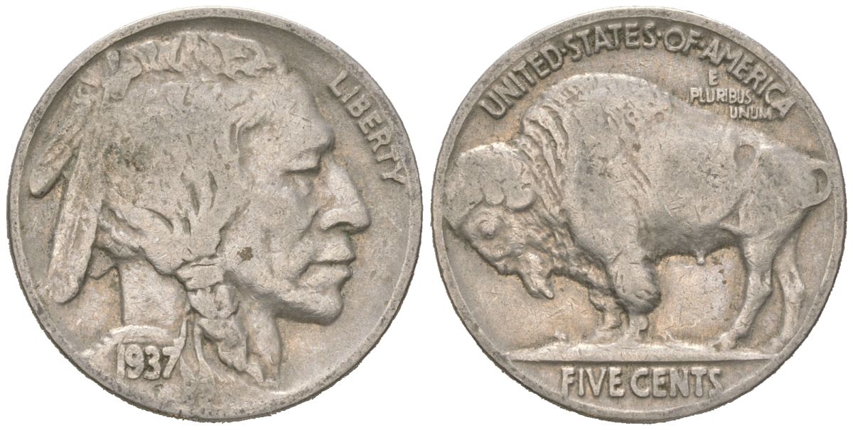 США 5 центов 1937 индеец, бизон KM 134 медно-никель 4614-1268