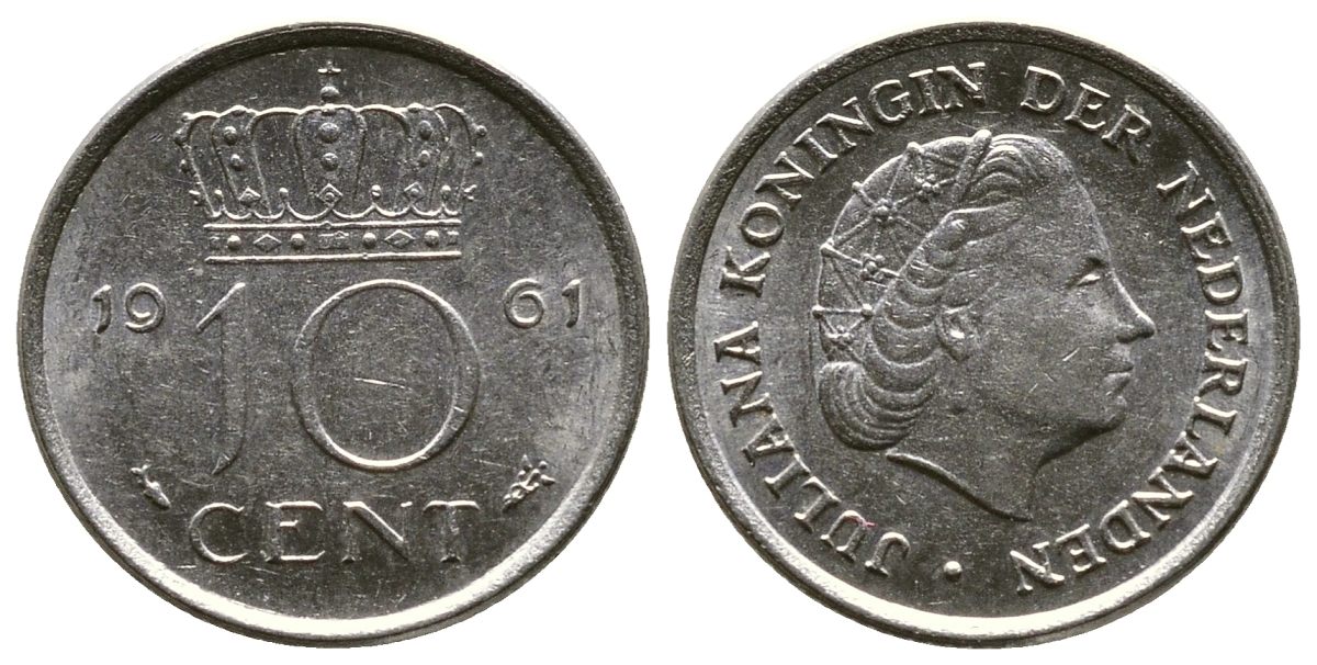 НИДЕРЛАНДЫ 10 ЦЕНТОВ 1961 ЮЛИАНА KM 182 никель 261-622