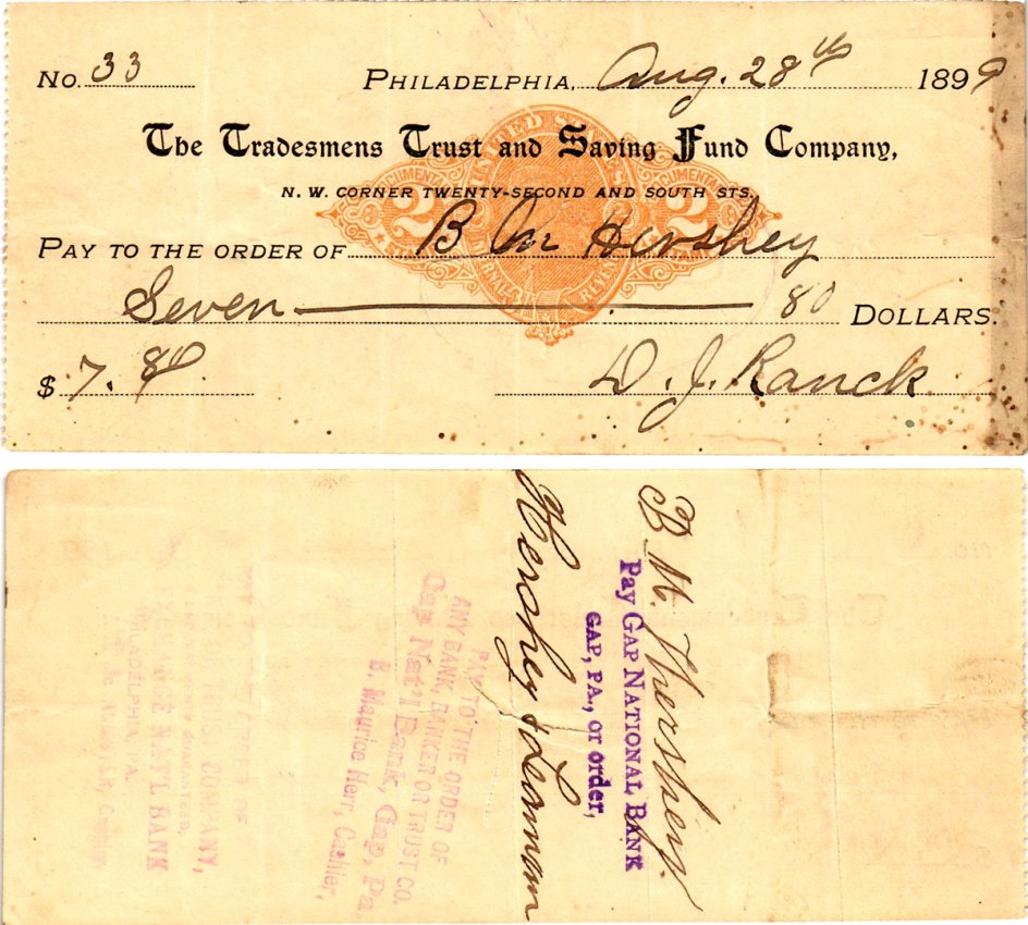 США чек на 7,80 долларов 1899 Филадельфия бумага 3295-30-3-2