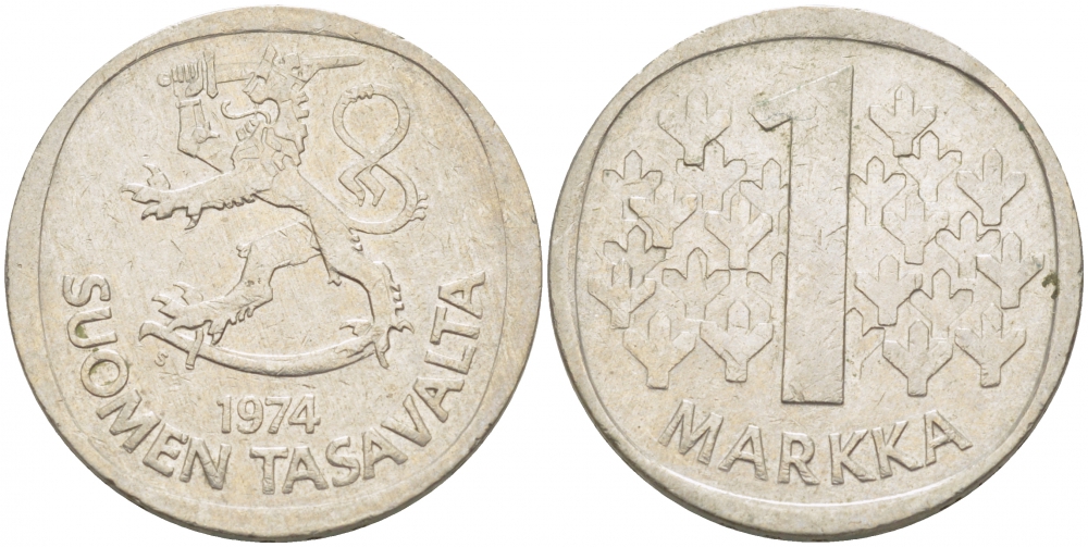 ФИНЛЯНДИЯ 1 МАРКА 1974 S KM 49а медно-никель 3718-1223