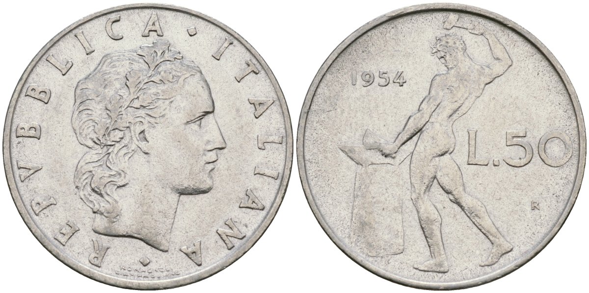 Италия 50 лир 1954 R, бог огня Вулкан у наковальни KM 95.1 нержавеющая сталь 4171-1011
