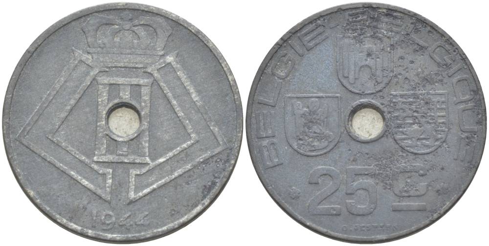 БЕЛЬГИЯ 25 САНТИМОВ 1944 BELGIE-BELGIQUE, ГЕРМАНСКАЯ ОККУПАЦИЯ, ВТОРАЯ МИРОВАЯ ВОЙНА KM 132 цинк 4546-211