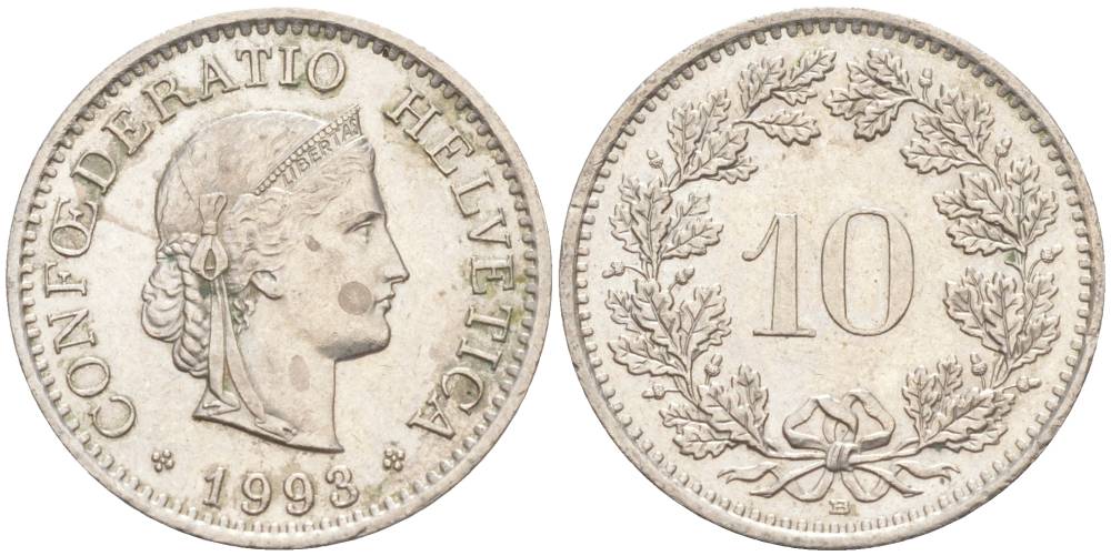 ШВЕЙЦАРИЯ 10 РАППЕНОВ 1993 В KM 27 медно-никель 55-535