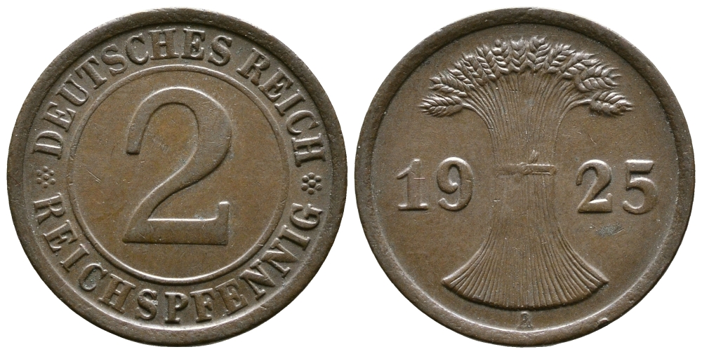 ГЕРМАНИЯ 2 РЕЙХСПФЕННИГА 1925 A KM 38, J. 314 бронза 176-332