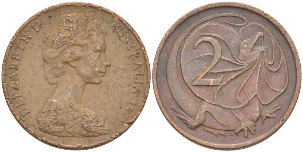 АВСТРАЛИЯ 2 ЦЕНТА 1971 ЕЛИЗАВЕТА II, МОЛОДОЙ ПОРТРЕТ, ПЛАЩЕНОСНАЯ ЯЩЕРИЦА (FRILLED LIZARD) KM 63 бронза 175-255