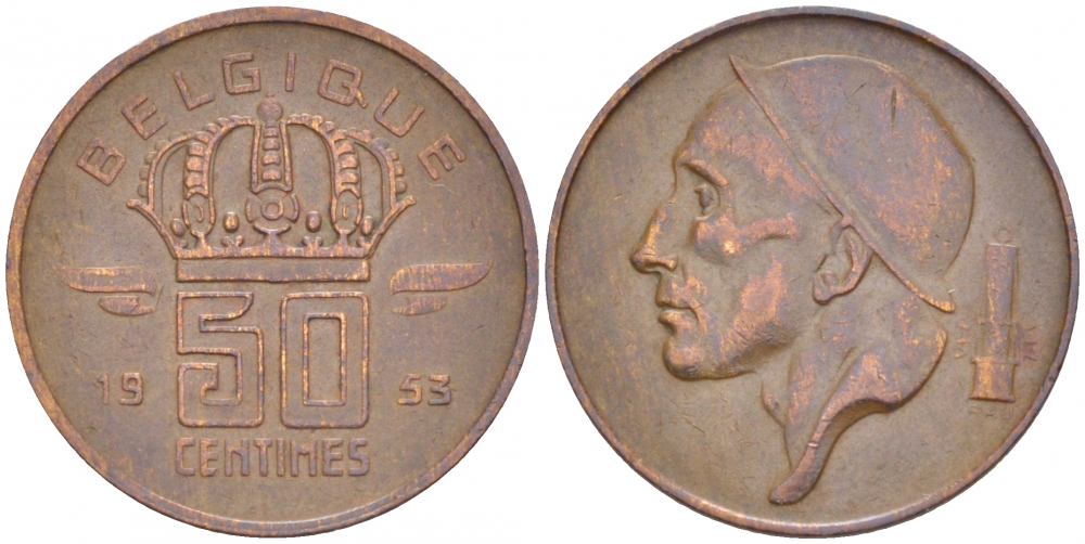 БЕЛЬГИЯ 50 САНТИМОВ 1953 BELGIQUE KM 144 бронза 3996-1228