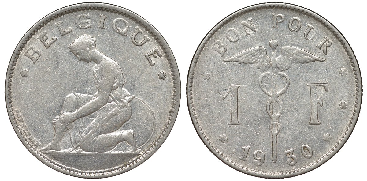 Бельгия 1 франк 1930 Belgique KM 89 никель 51-2057