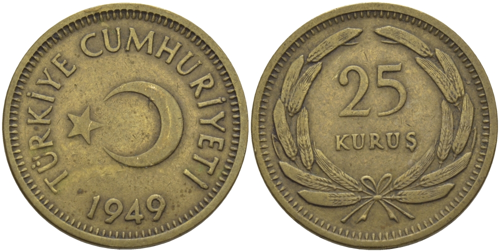 ТУРЦИЯ 25 КУРУШЕЙ 1949 KM 886 латунь 83-1821