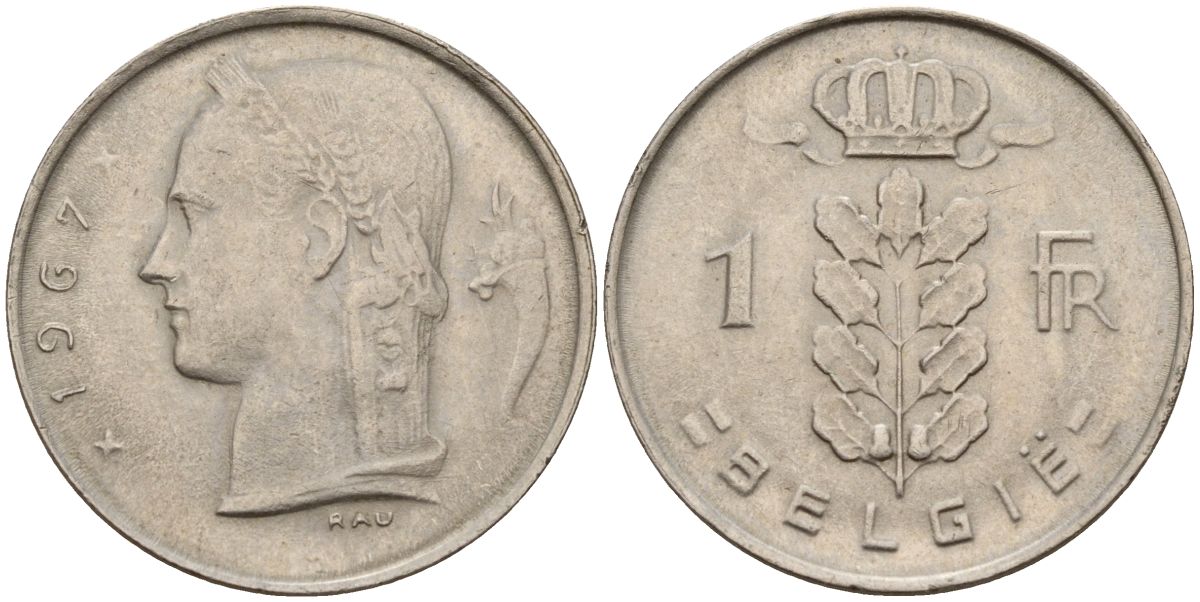 Бельгия 1 франк 1967 Belgie KM 143 медно-никель 4152-428