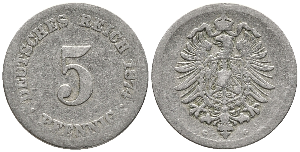 ГЕРМАНИЯ 5 ПФЕННИГОВ 1874 G, СТАРОГЕРБОВКА KM 3, J. 3 медно-никель 39-315
