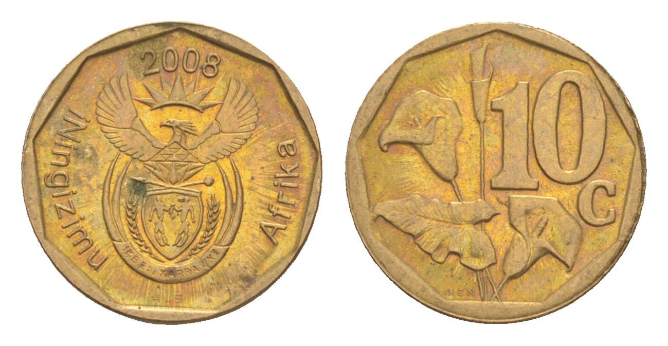 ЮАР 10 центов 2008 герб, цветок алоэ KM 441 сталь плакированная бронзой UNC 4621-1233