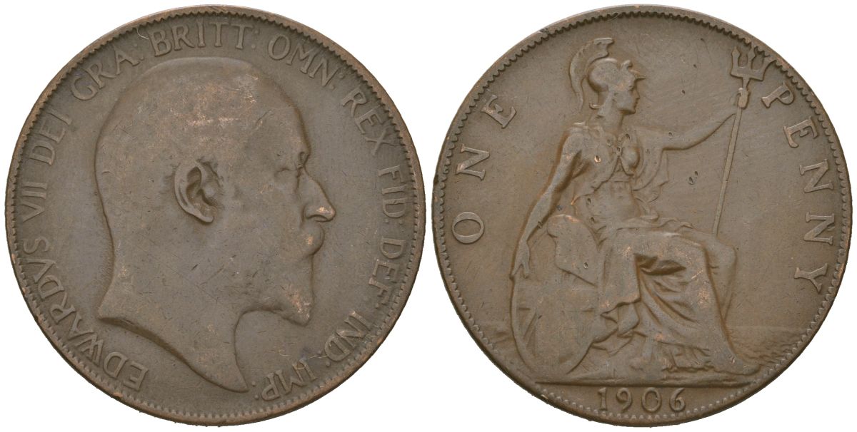Великобритания 1 пенни 1906 Эдуард VII (1901-1910) KM 794.2, Spink 3990 бронза 221-441