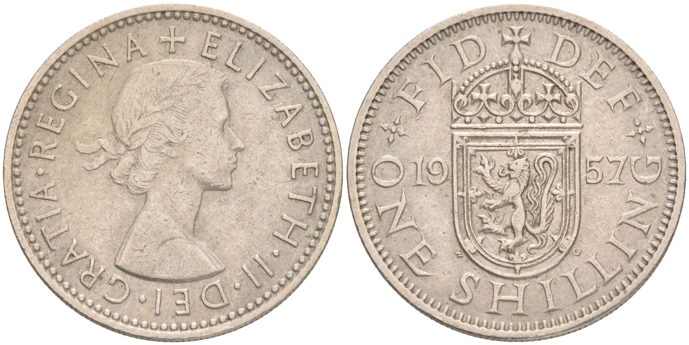 Великобритания 1 шиллинг 1957 Елизавета II (1952-2022), Шотландский герб KM 905, Spink 4148 медно-никель 4556-634