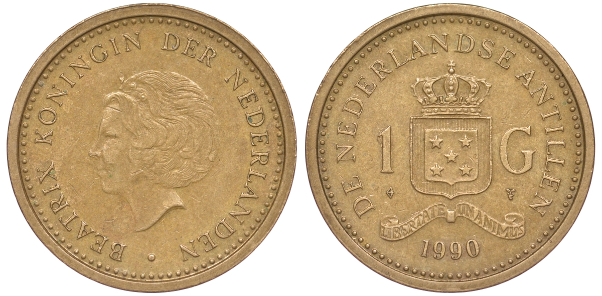 Нидерландские Антилы 1 гульден 1990 Беатрикс (1980-2013) KM 37 позолоченная сталь 25-1946