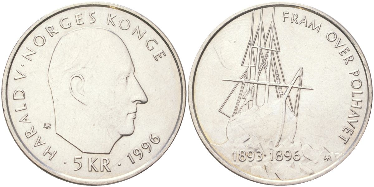 Норвегия 5 крон 1996 100 лет Норвежской полярной экспедиции Нансена, Харальд V (1991-) KM 459 медно-никель aUNC 4123-744