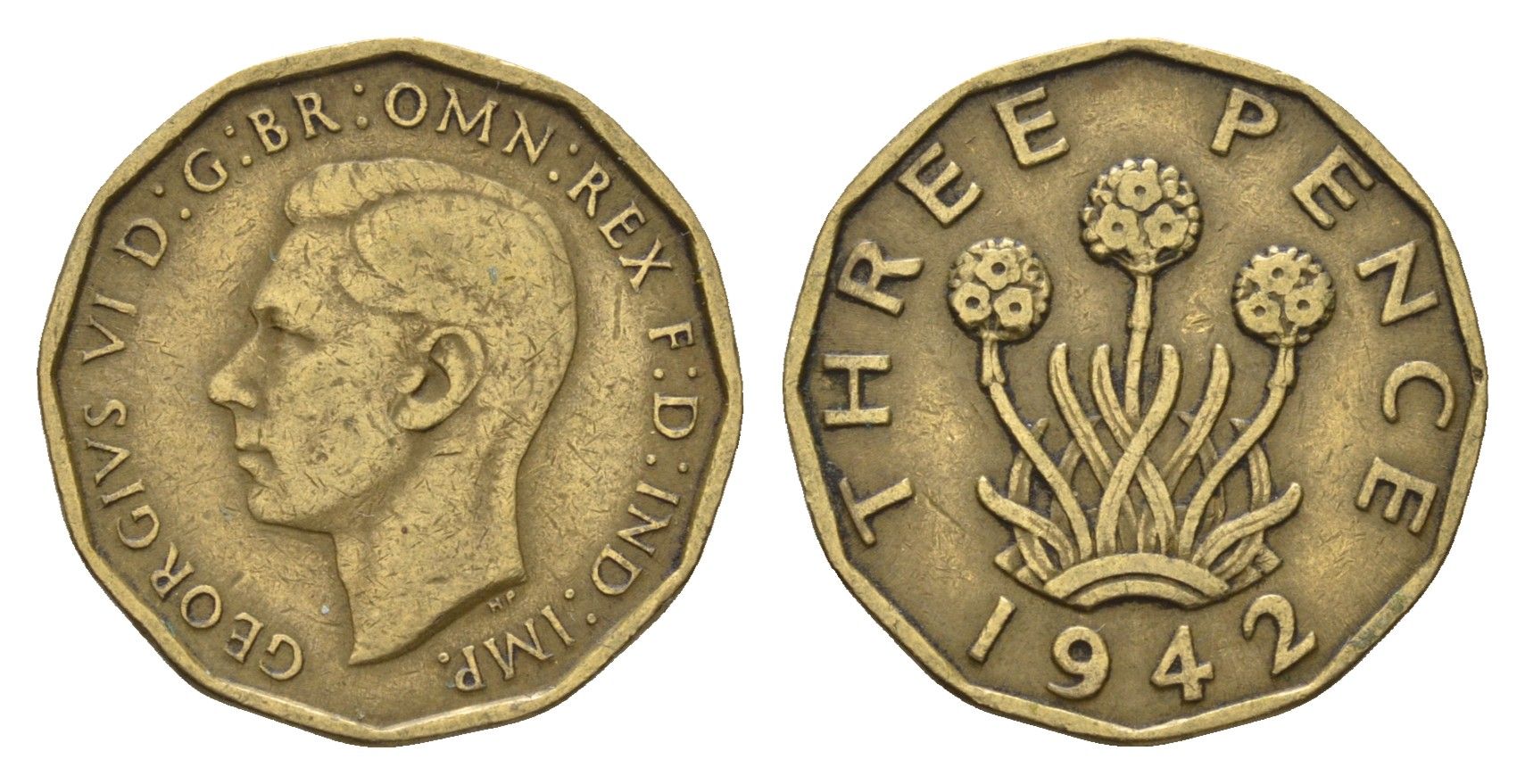 Великобритания 3 пенса 1942 Георг VI (1936-1952) KM 849, Spink 4112 никель латунь 77-125