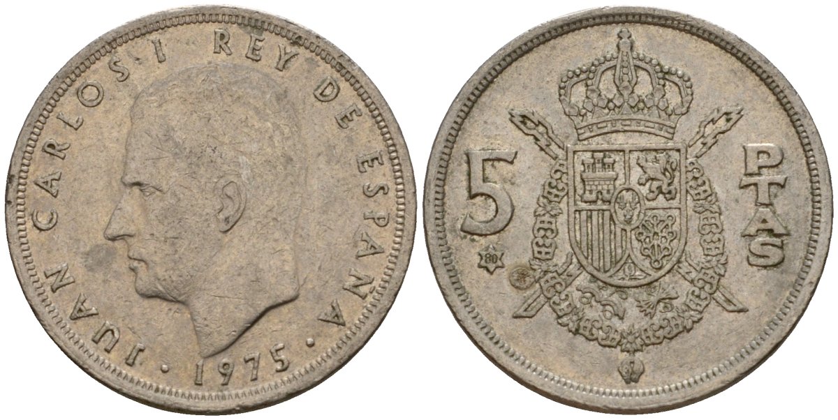 Испания 5 песет 1975 (80) Хуан Карлос I (1975-2014) KM 807 медно-никель 210-156