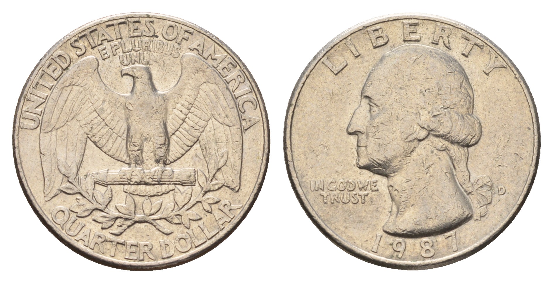 США 25 центов (квотер) 1987 D, Джордж Вашингтон KM А164а медь плакированная медно-никелем 4681-227