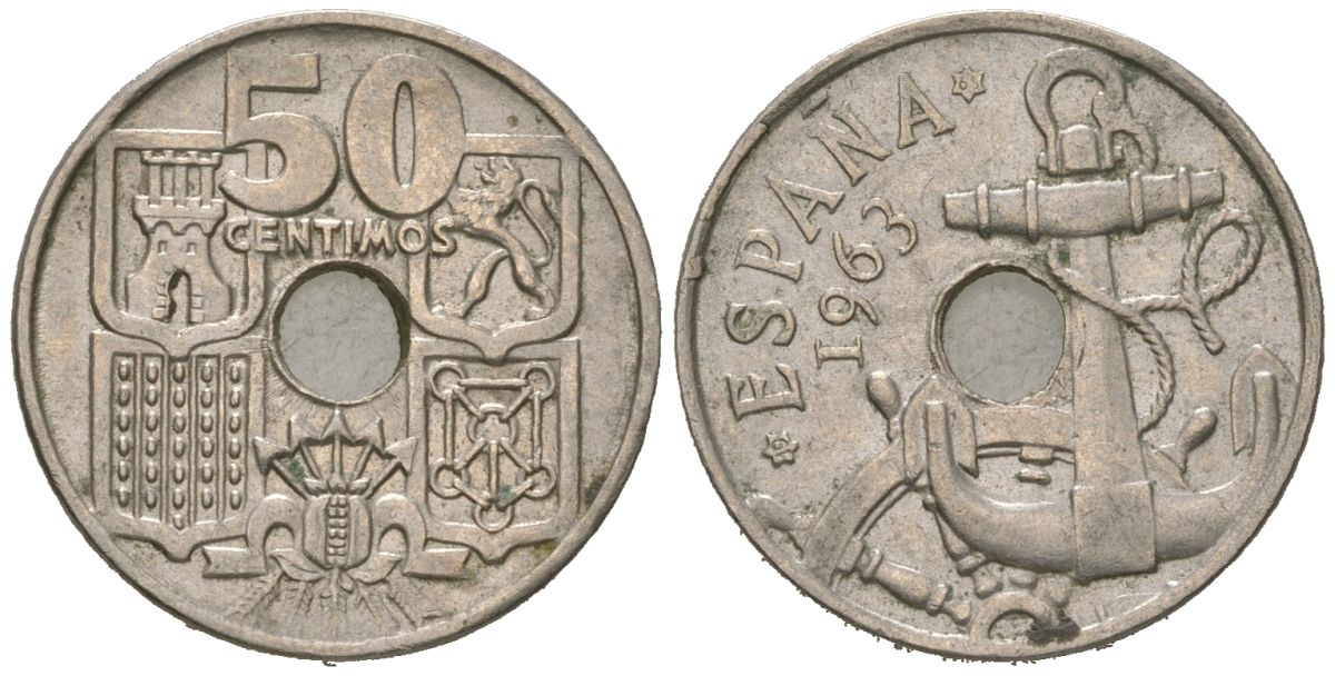 Испания 50 сантимов 1963 (65) Франсиско Франко (1939-1975), морская атрибутика KM 777 медно-никель aUNC 4618-415