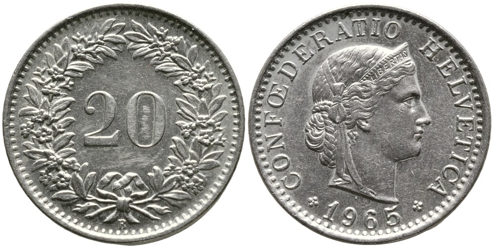 ШВЕЙЦАРИЯ 20 РАППЕНОВ 1965 В KM 29а медно-никель 4529-737