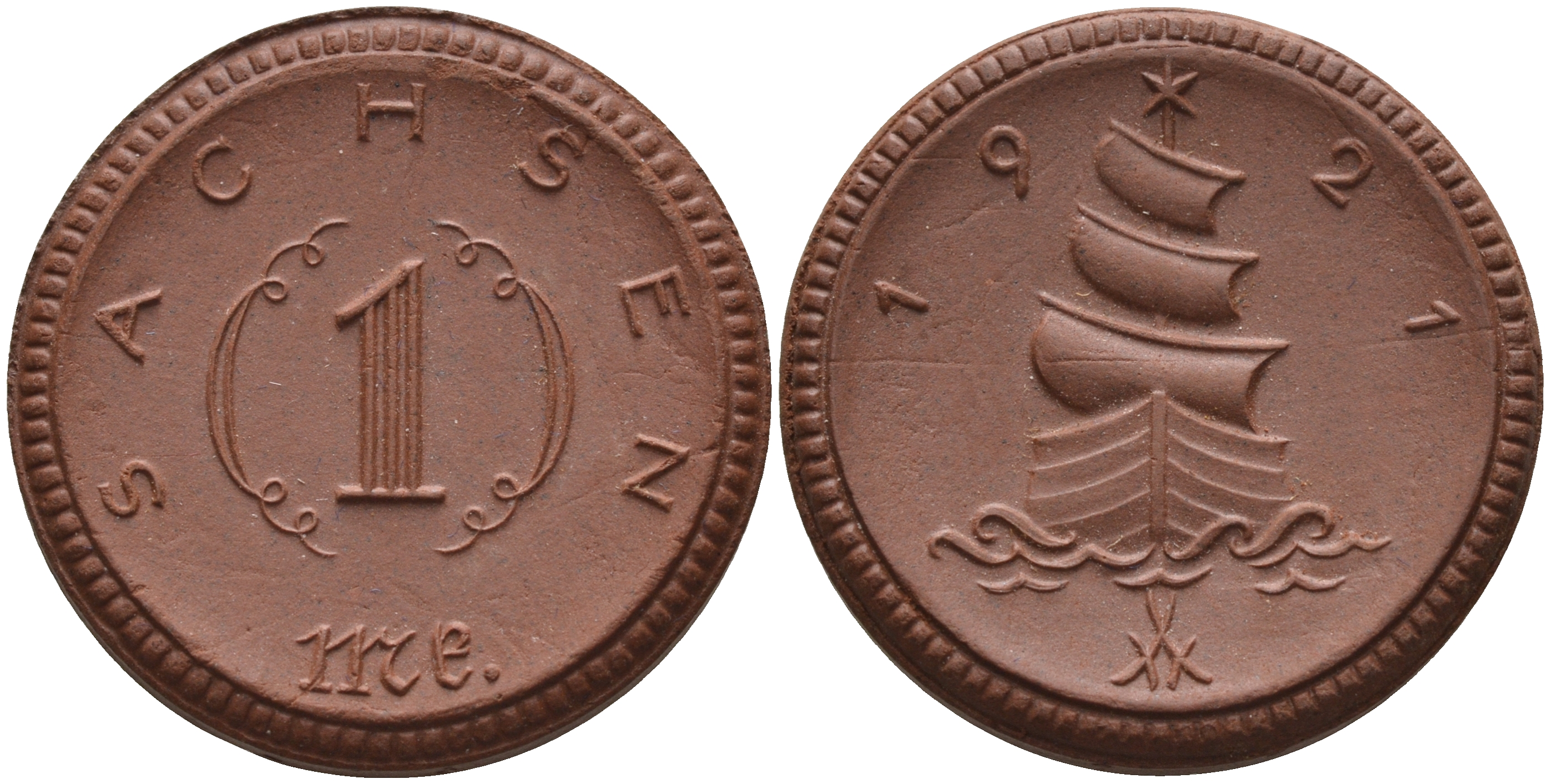 Саксония 1 марка 1921 парусник J. N 55 фарфор 1094-3-12