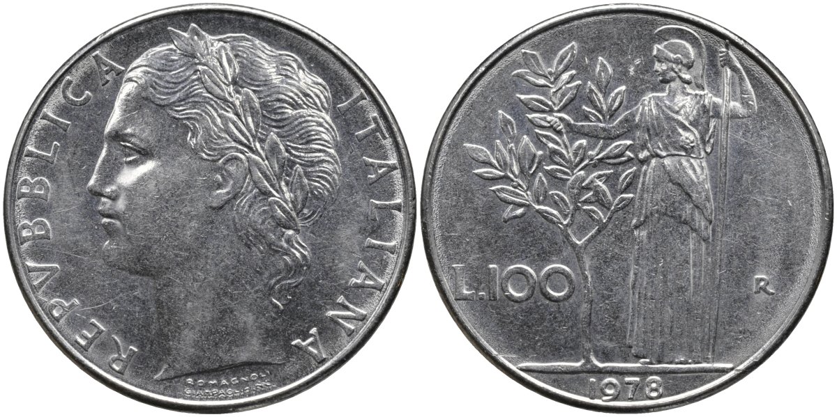 Италия 100 лир 1978 R, Афина в доспехах KM 96.1 нержавеющая сталь 4165-224