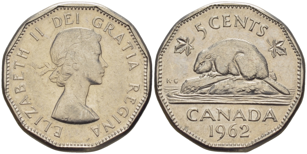 Канада 5 центов 1962 Елизавета II (1952-2022), бобер KM 50а никель 67-524