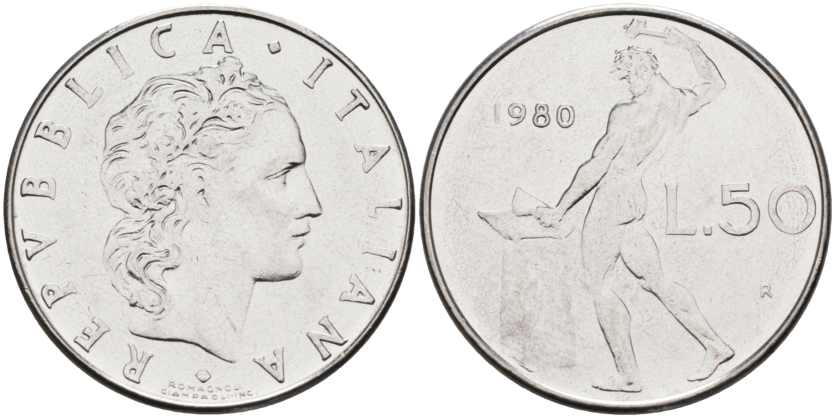 Италия 50 лир 1980 R, бог огня Вулкан у наковальни KM 95.1 нержавеющая сталь 4116-354