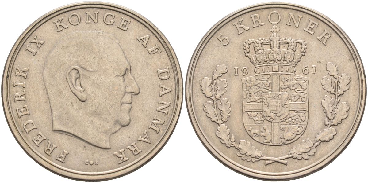 Дания 5 крон 1961 Фредерик IX (1947-1972) KM 853.1 медно-никель 4368-432