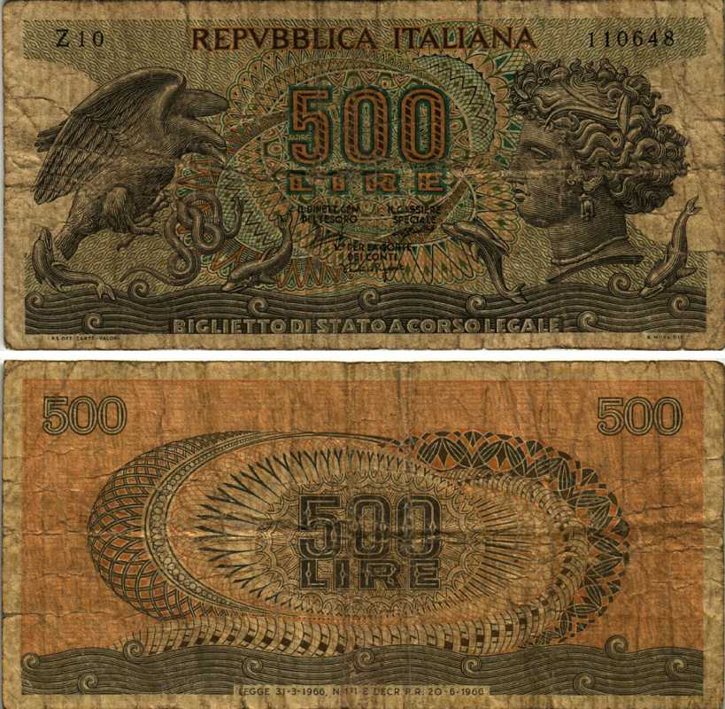 Италия 500 лир 1966 20 июня 1966 Pick 93а бумага 7222-32-3-1