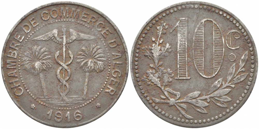 Алжир, Французская оккупация 10 сантимов 1916 Alger Chamber of Commerce KM TnA6 железо 114-931