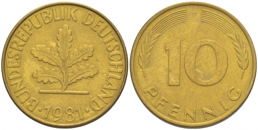 ФРГ 10 ПФЕННИГОВ 1981 F KM 108, J.383 сталь плакированная латунью 3996-643