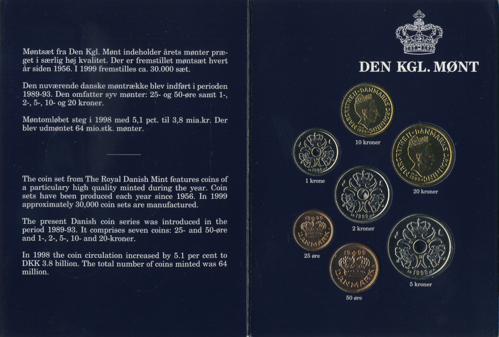 Дания набор из 7 монет 1999 Маргрете II, официальный набор в картонном буклете, тираж 30000 экз. BUNC 2-6-3-14