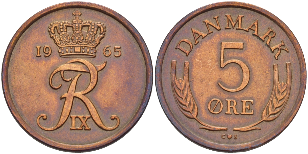 ДАНИЯ 5 ЭРЕ 1965 C; S, ФРЕДЕРИК IX (1947-1972) KM 848.1 бронза 67-554
