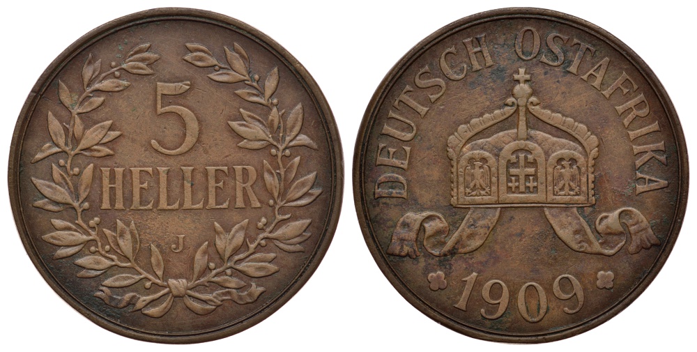 Немецкая Восточная Африка (Танзания) 5 геллеров 1909 J - Ost-Africa Jaeger 717, KM 11 бронза 413-223