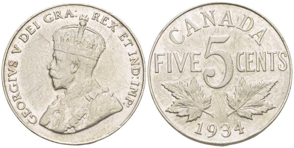 КАНАДА 5 ЦЕНТОВ 1934 ГЕОРГ V KM 29 никель 4448-924