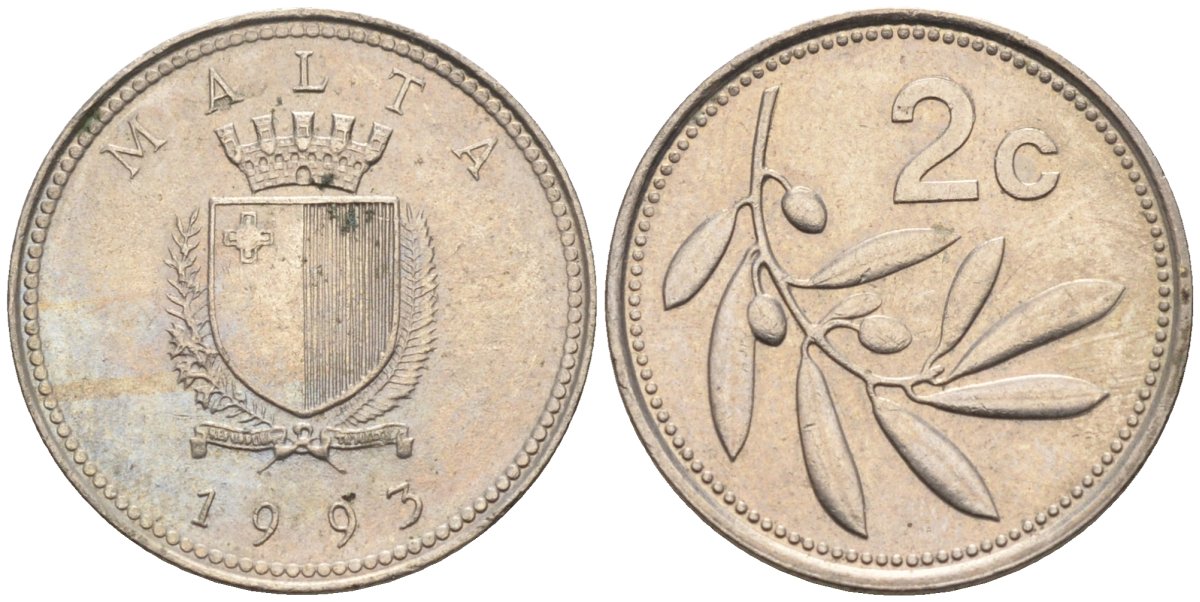 Мальта 2 цента 1993 оливковая ветвь KM 94 медно-никель 188-464