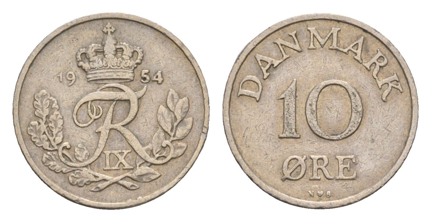 Дания 10 эре 1954 N; S, Фредерик IX (1947-1972) KM 841.2 медно-никель 4655-838