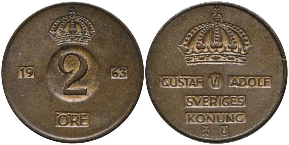 Швеция 2 эре 1963 U, Густав VI Адольф (1950-1973) KM 821 бронза 202-644