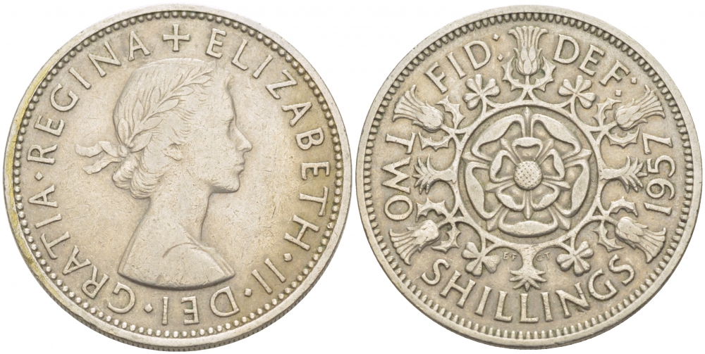 Великобритания 2 шиллинга (флорин) 1957 Елизавета II (1952-2022) KM 906, Spink 4146 медно-никель 215-225