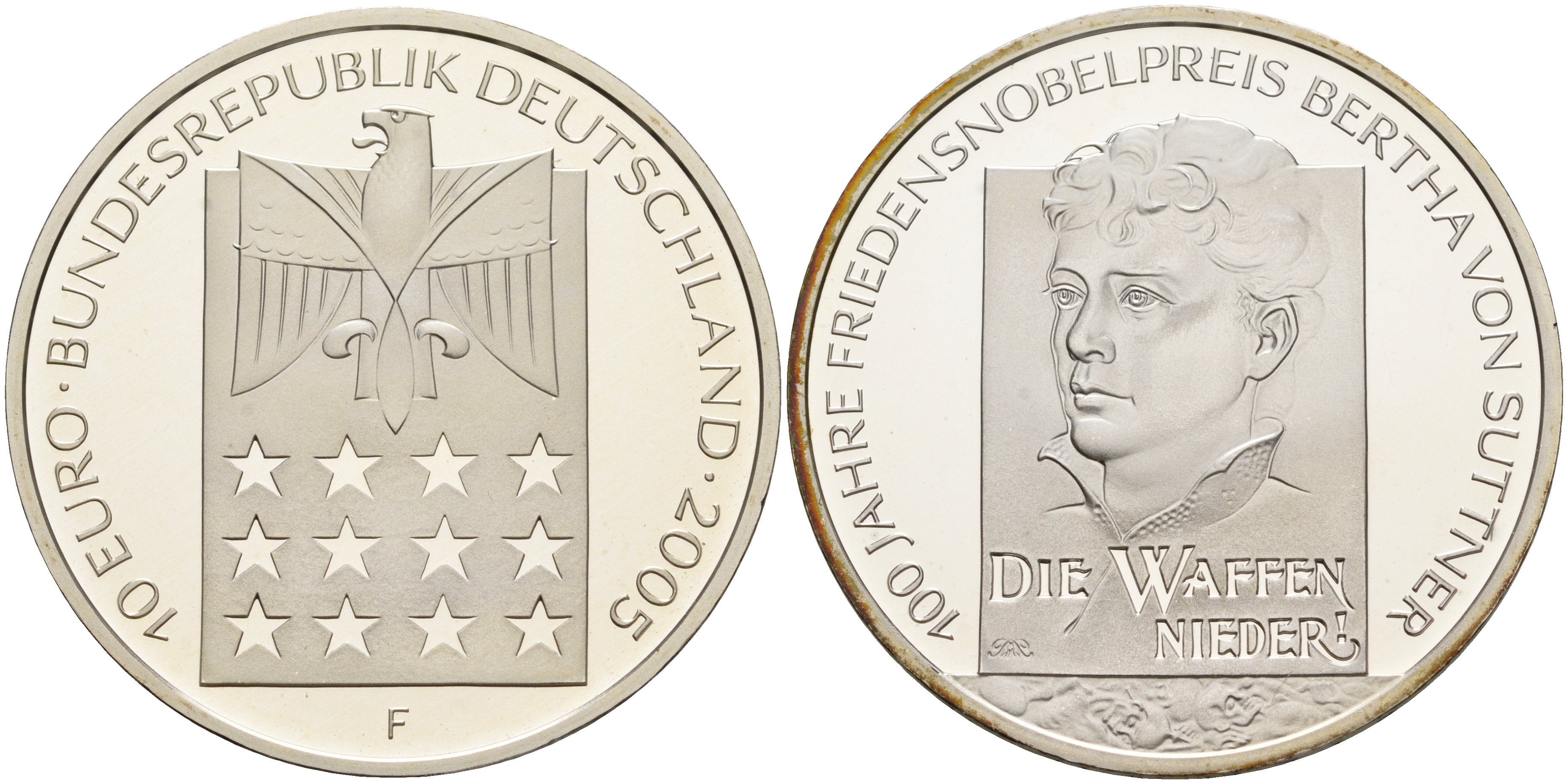 ФРГ 10 евро 2005 F, 100 лет со дня рождения Берты фон Зутнер, лауреат Нобелевской премии KM 242, DE.S. 10.23 серебро PROOF 1076-3-61