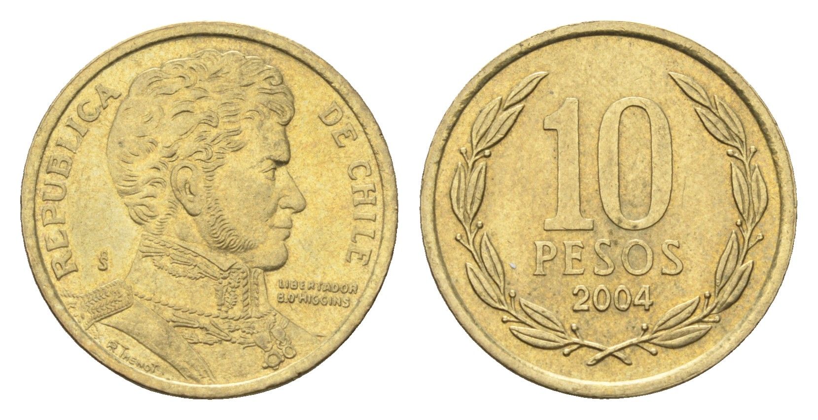 Чили 10 песо 2004 KM 228 никель латунь 4664-436