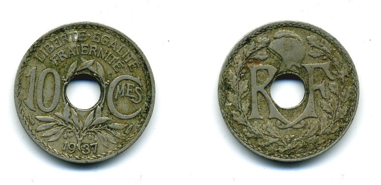 ФРАНЦИЯ 10 САНТИМОВ 1937 ТИП ЛИНДАЙЁ KM 866а медно-никель 84-348
