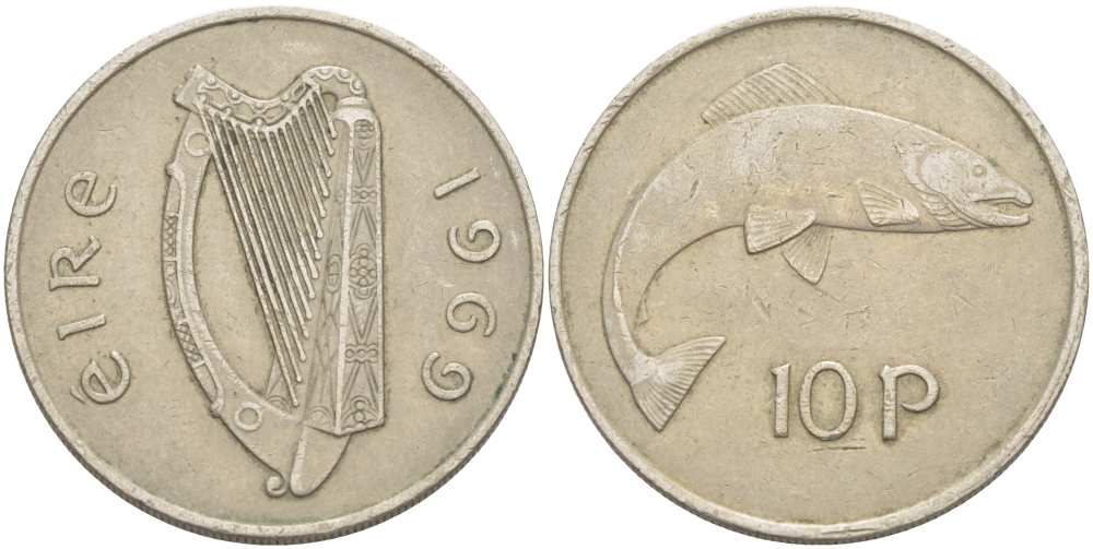 ИРЛАНДИЯ 10 ПЕНСОВ 1969 ЛОСОСЬ KM 23 медно-никель 215-711
