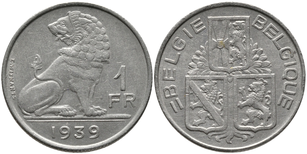 БЕЛЬГИЯ 1 ФРАНК 1939 BELGIE-BELGIQUE KM 120 никель 4385-833