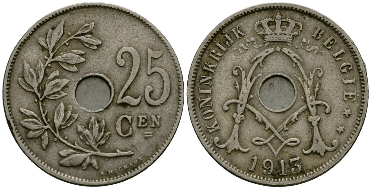 Бельгия 25 сантимов 1913 Belgie KM 69 медно-никель 4165-735
