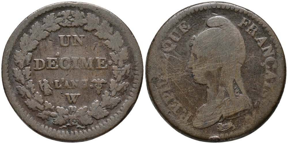 ФРАНЦИЯ 1 ДЕСИМЕ L'AN 7 W KM 645.9 (С137а.9) бронза 32-1012